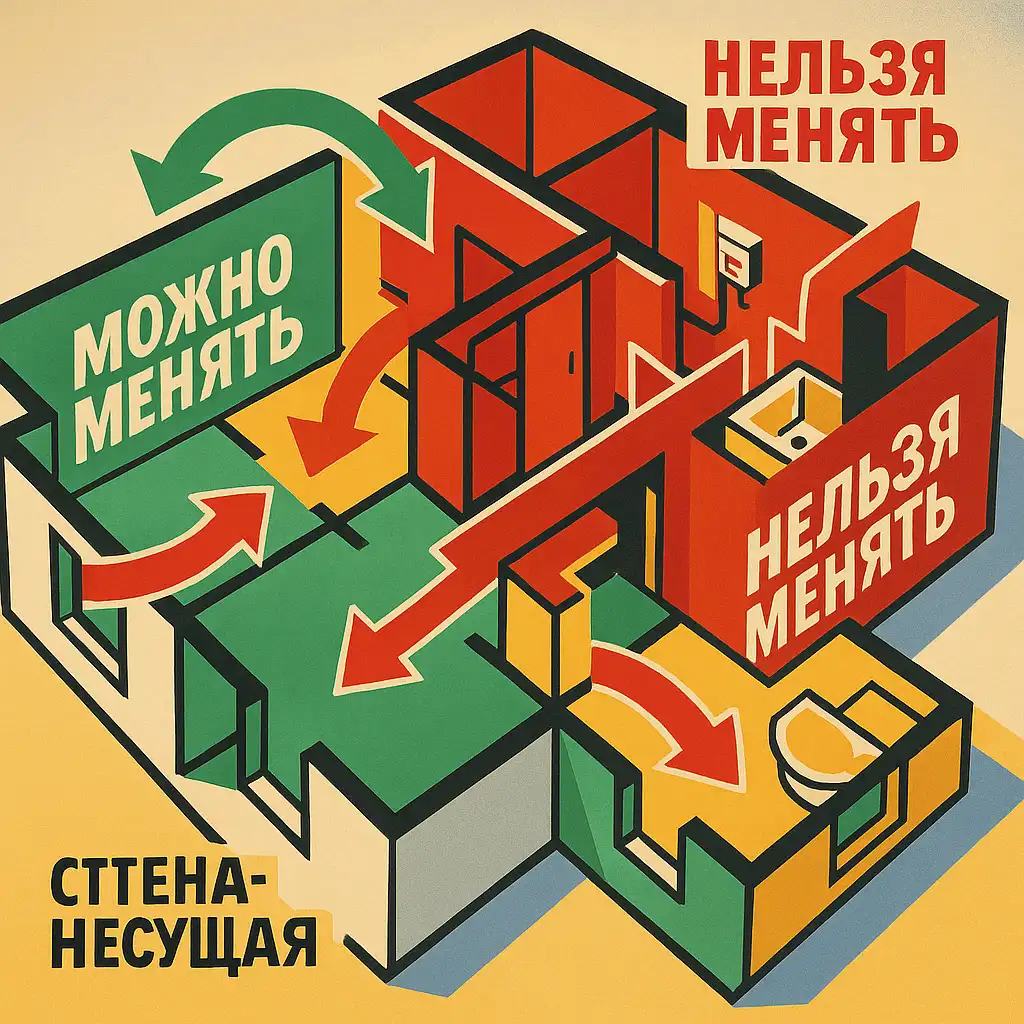 план квартиры в стиле советского плаката, зелёные зоны отмечены «можно менять», красные — «нельзя менять», жёлтым выделена «стена-несущая», яркие стрелки показывают направления изменений,