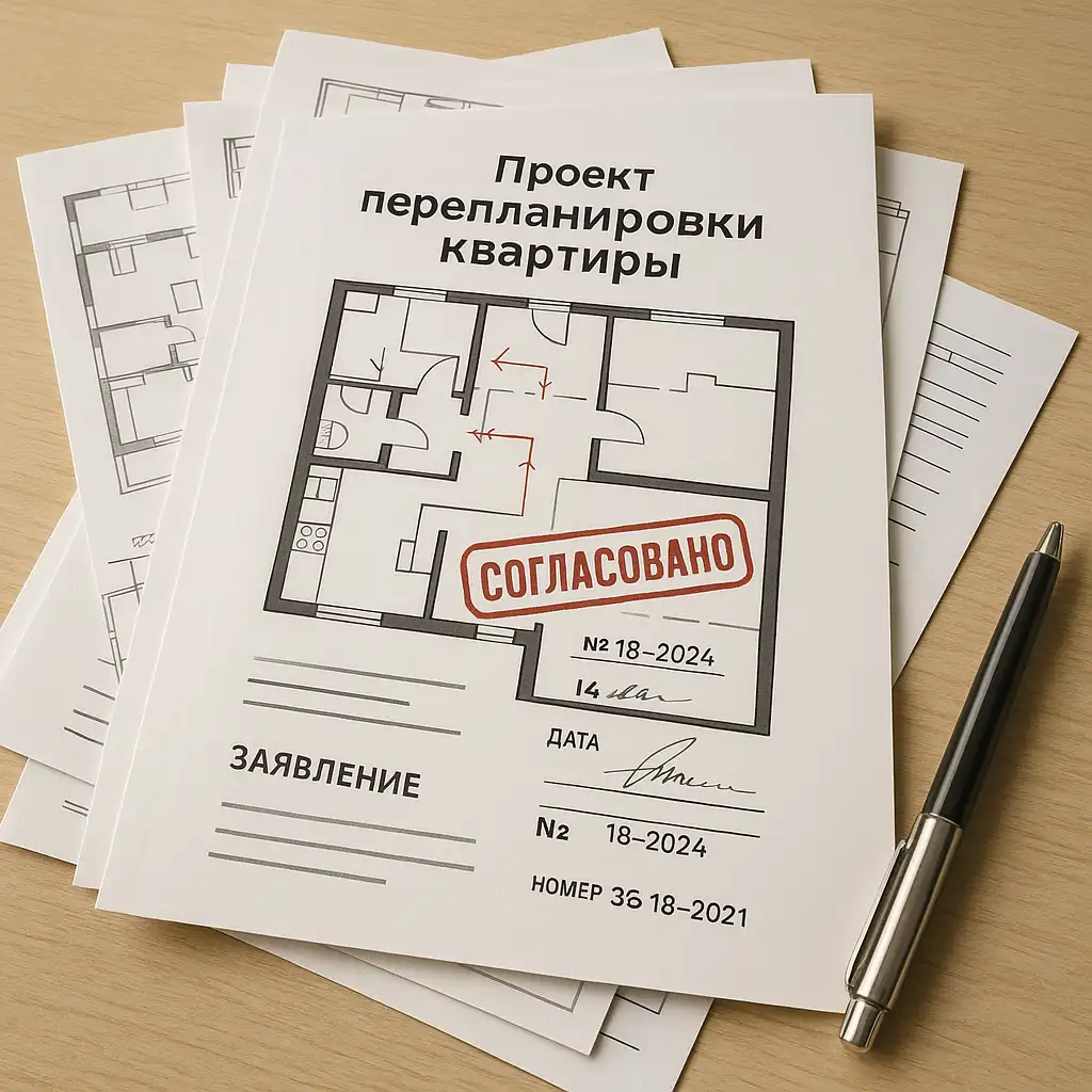 стопка документов на столе, сверху лист «Проект перепланировки квартиры» с крупной красной печатью «СОГЛАСОВАНО», подписью, номером и схемой квартиры, вокруг другие бумаги, серебристая ручка, тёплый свет, фотореалистичная детализация